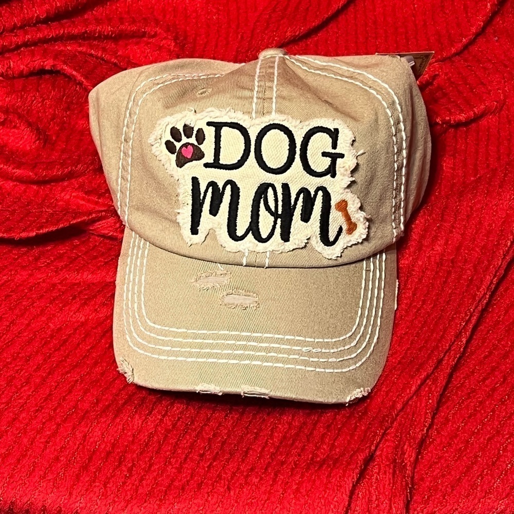 Kbethos Vintage Dog Mom Hat Beige Distressed Frayed Paw Print Baseball Cap